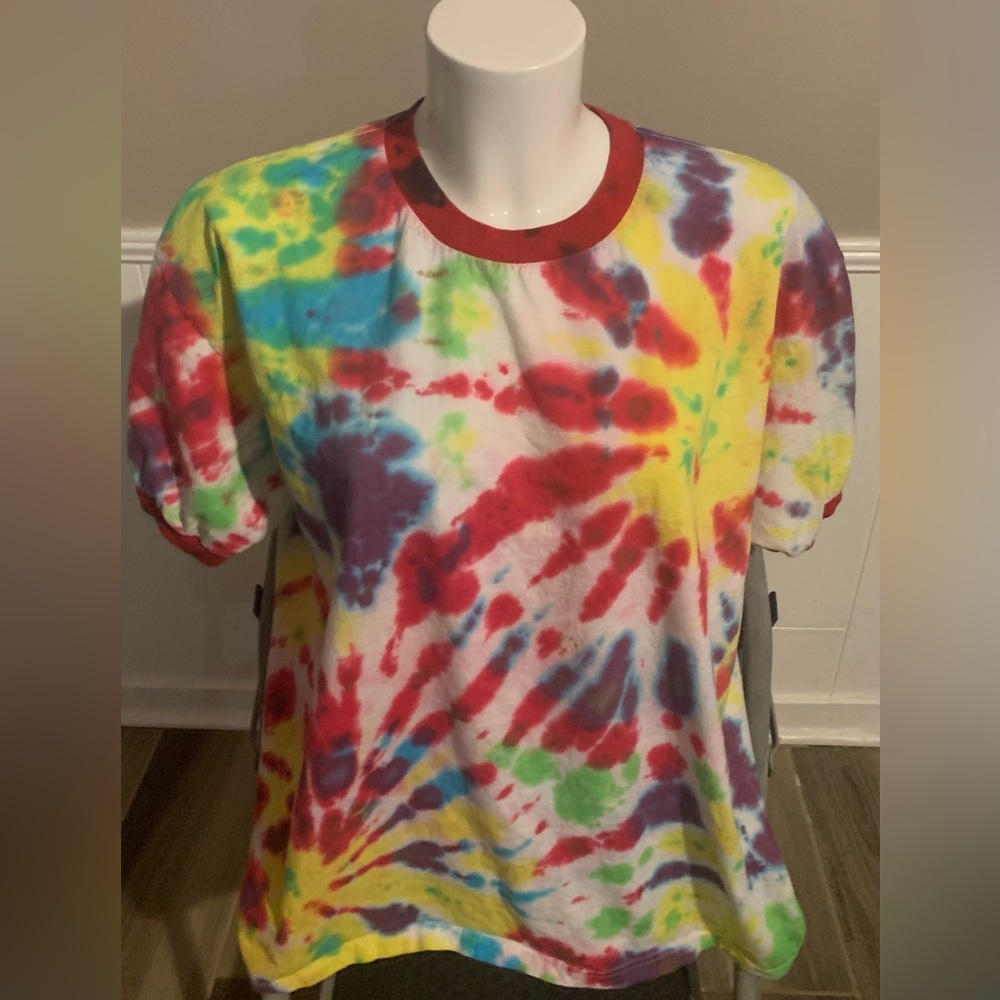 Tye Dyed Tshirt. Unisex. Red collar. Bright colors front and back.